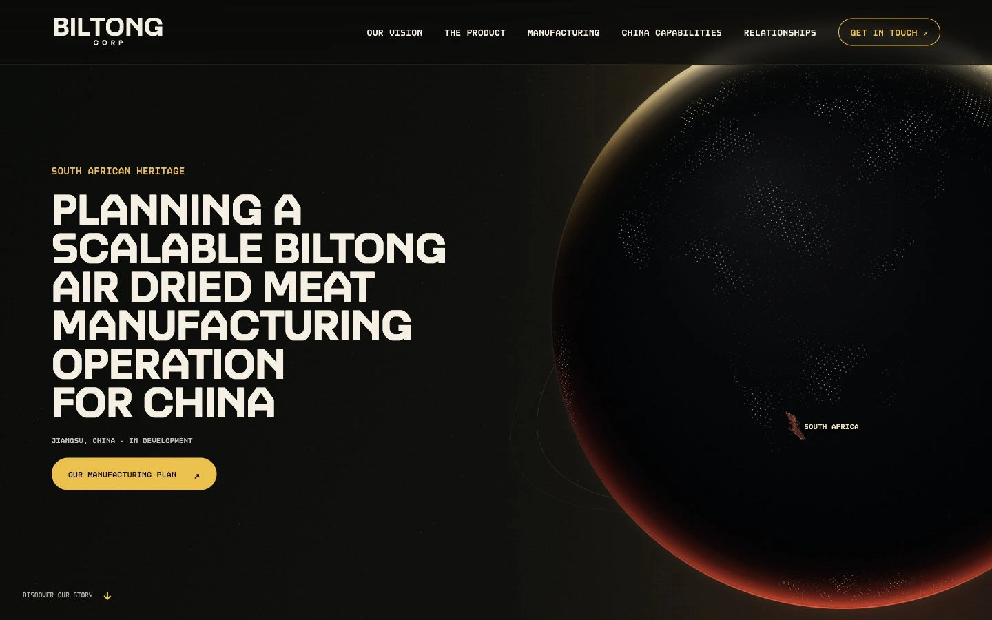 Biltong Corp website, with its dark globe illustration and bold headline